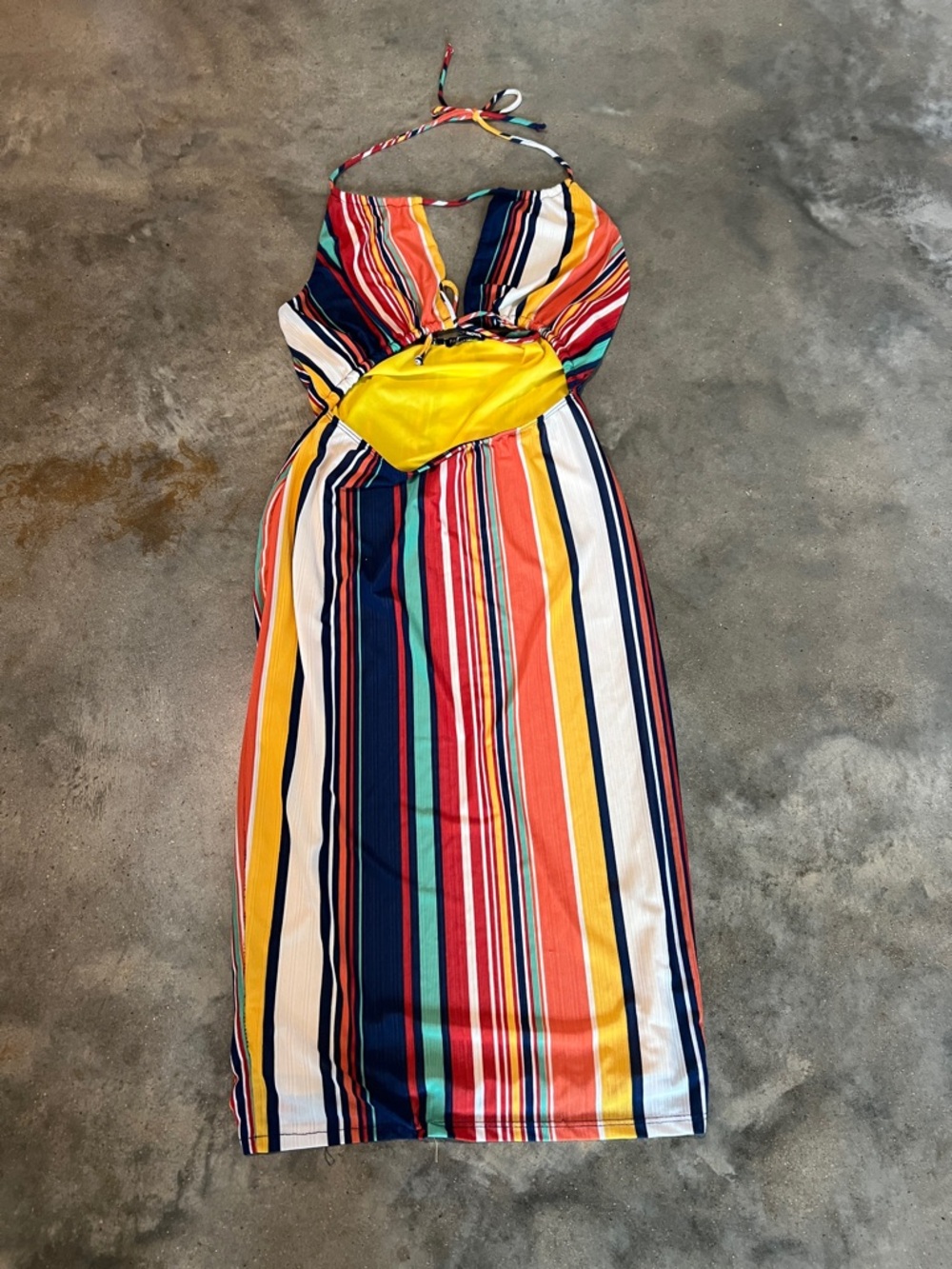 Fashion Nova Striped Halter Midi Dress in Yellow, Navy & Coral